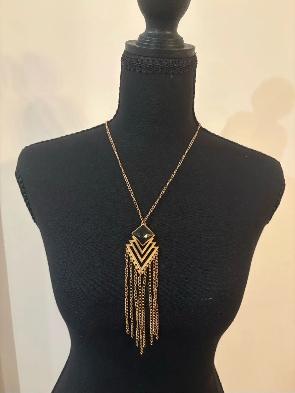 Gold-tone and Black Layered Fringe Pendant Necklace - Women Jewelry